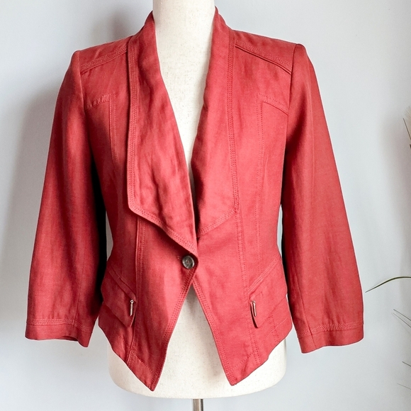 White House Black Market, Rust Red Cropped Linen Moto Blazer, Size 4 Small - Picture 2 of 11